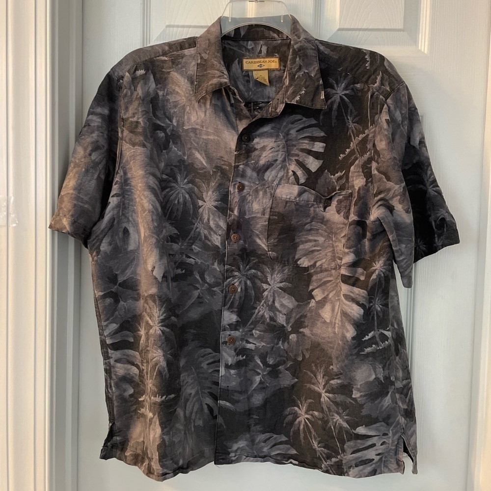 Caribbean Joe Mens Black & Geay Hawaiian Button Down Shirt Size XL Short Sleeve